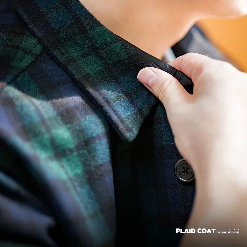 Maden Vintage Blue and Green Plaid Wool Jacket Loose Thickened Plaid Shirt Jacket Men's Casual Shirt Coat Male Warm Outwear 5