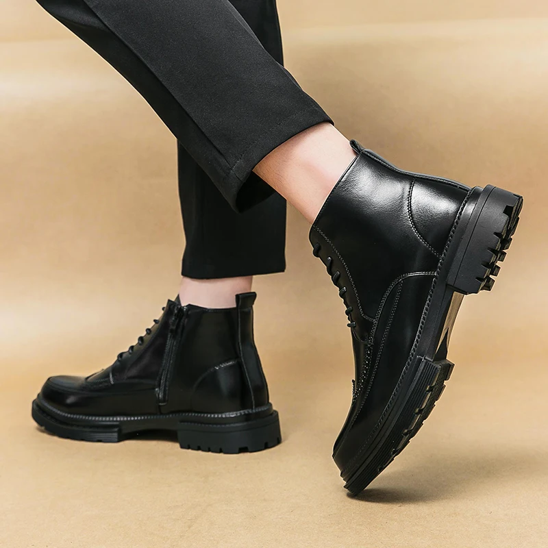 Brogue Black short men's boots Fashionable versatile gentleman style Business Office Daily Outdoor Leisure Party Adult shoes