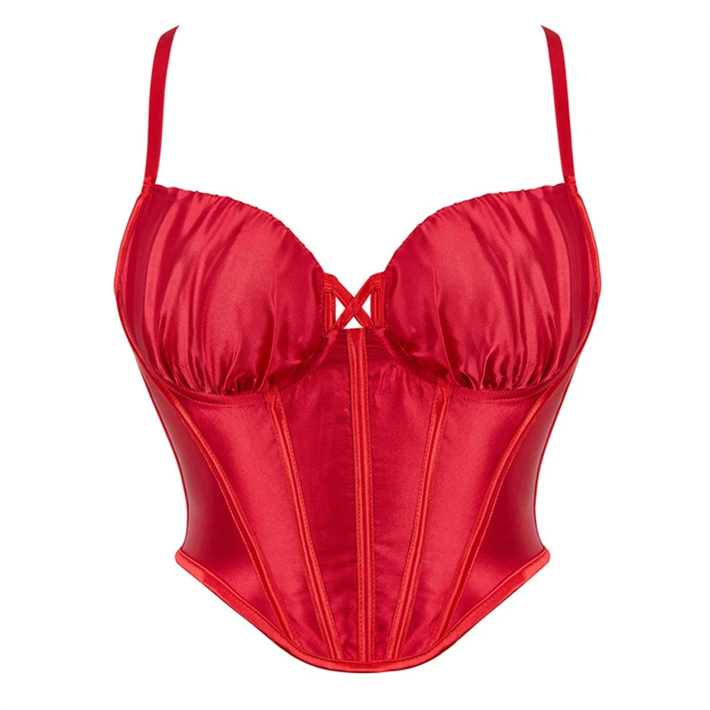 Sexy Corset Top Red Satin Lace Up Plastic Boned Bustiers Crop Tops Body Shaper Lingerie for Women Waist Trainer