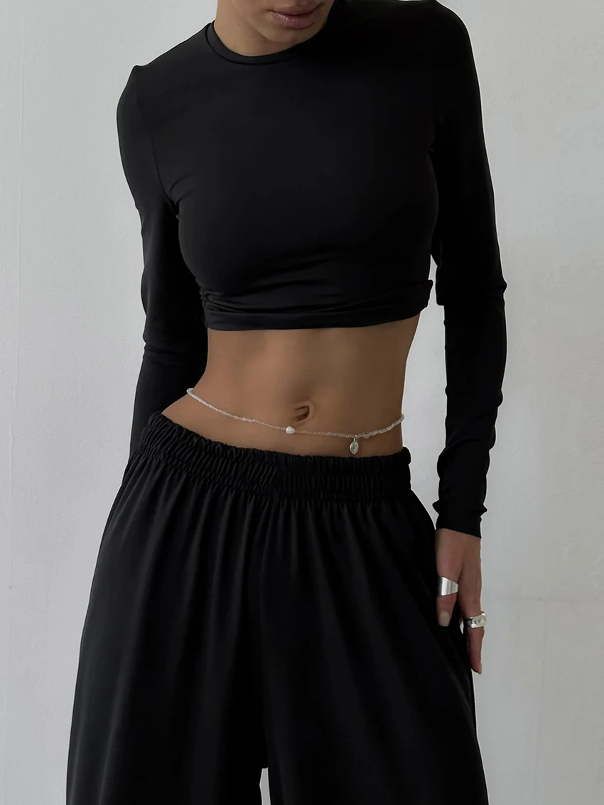 Marthaqiqi Spring Home Clothes For Women O-Neck Sleepwear Long Sleeve Nightgowns Crop Top Pajama Pants Casual Female Nightie Set