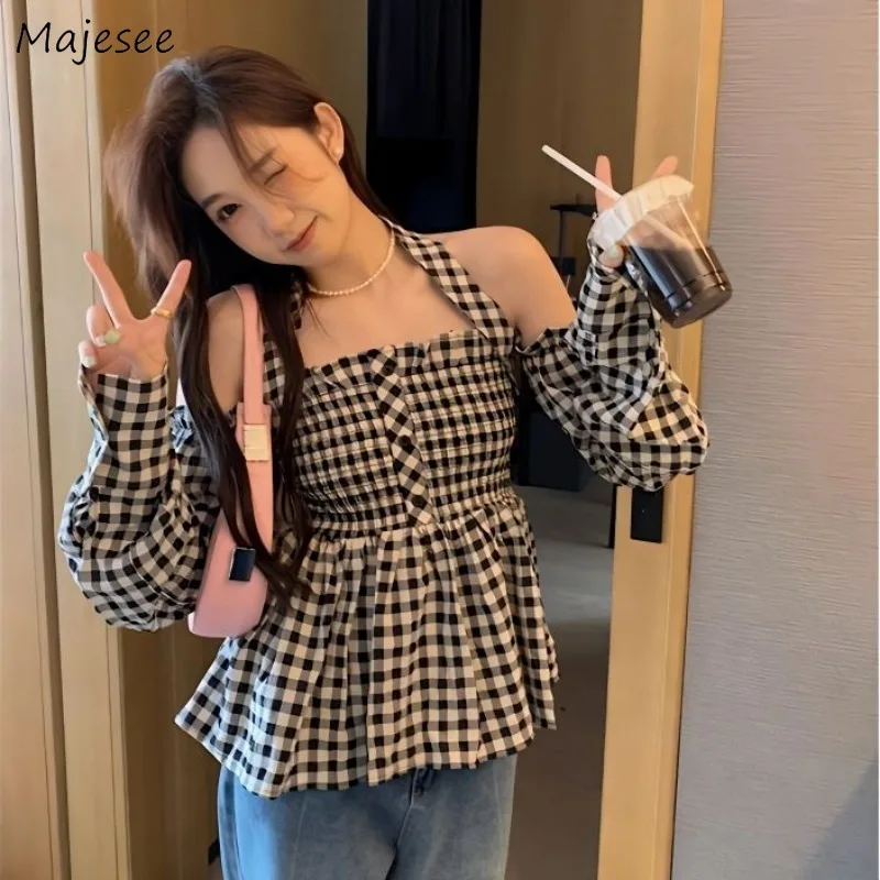 

Plaid Shirt Women Spring Off-shoulder Sexy Slash Hanging Neck Design Korean Style Slim Ruffles Streetwear All-match Hotsweet Fit