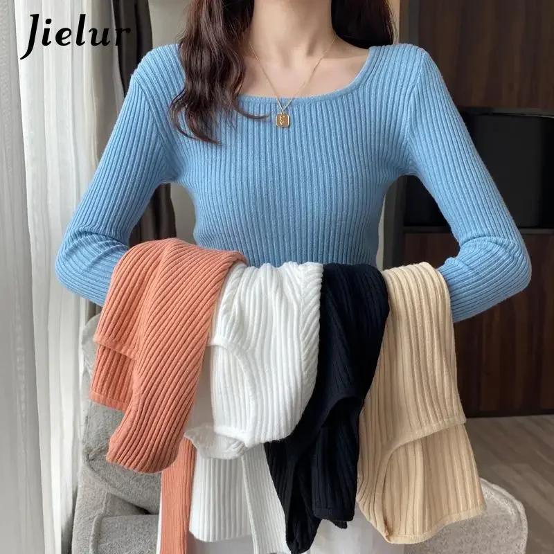 

Jielur Hot Sale Autumn Sweaters for Women Blue Black Knitwear New Fashion Sexy Top Korean Slim Office Lady Sweater Female