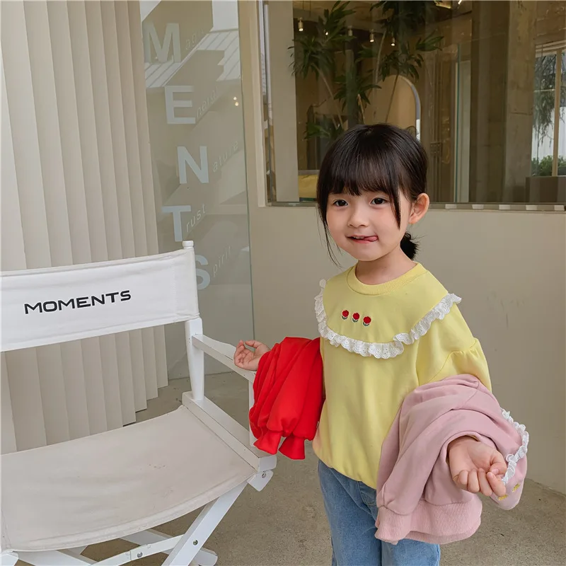 

Girls Sweater 2023 Spring and Autumn Korean Children's Clothing Children's Lace Embroidered Loose Student Style Long-sleeved Top