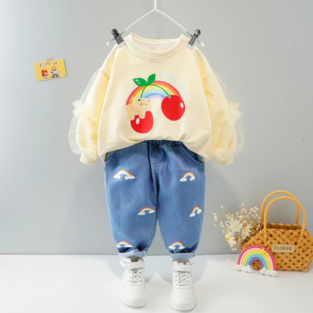 

Autumn Baby Girl Clothes Set Cute Lace Puff Sleeve Outfits Cartoon Cherry Sweater Suit 2PCS Toddler Long Sleeve Shirt Girl