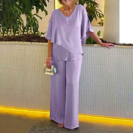 

Женский однотонный костюм оверсайз с V-образным вырезом, Асимметричный топ с длинными брюками, свободные костюмы, Новая Элегантная Повседневная трендовая Женская одежда, весна 2024