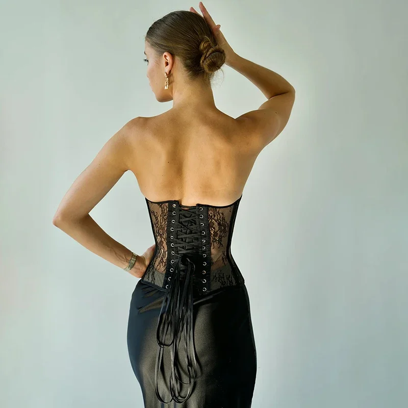 Sexy Lace Bustier Corset Top for Women Transparent Mesh Steel Bones Waist Trainer Shapewear Lingerie Overbust Street Corsets