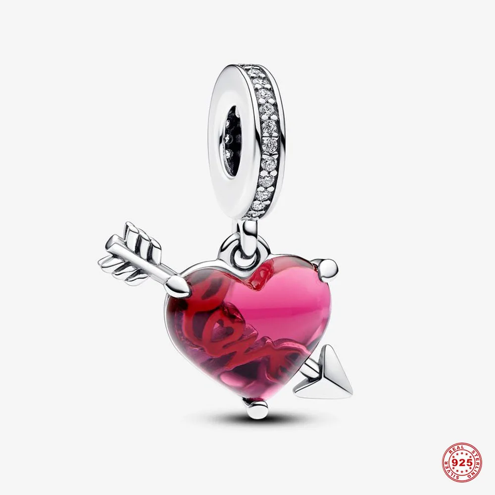 

New Original 925 Silver Charms Red Heart & Arrow Murano Glass Dangle Charm Fit Pandora Bracelets DIY Jewelry Making Gift
