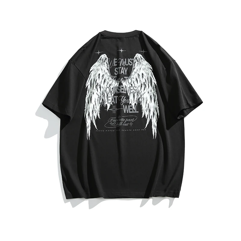 

Summer Wings Printed Night Luminous T-Shirt Pure Cotton Short Sleeve Unisex Reflect Light Tee Fashion Casual Streetwear Clothing