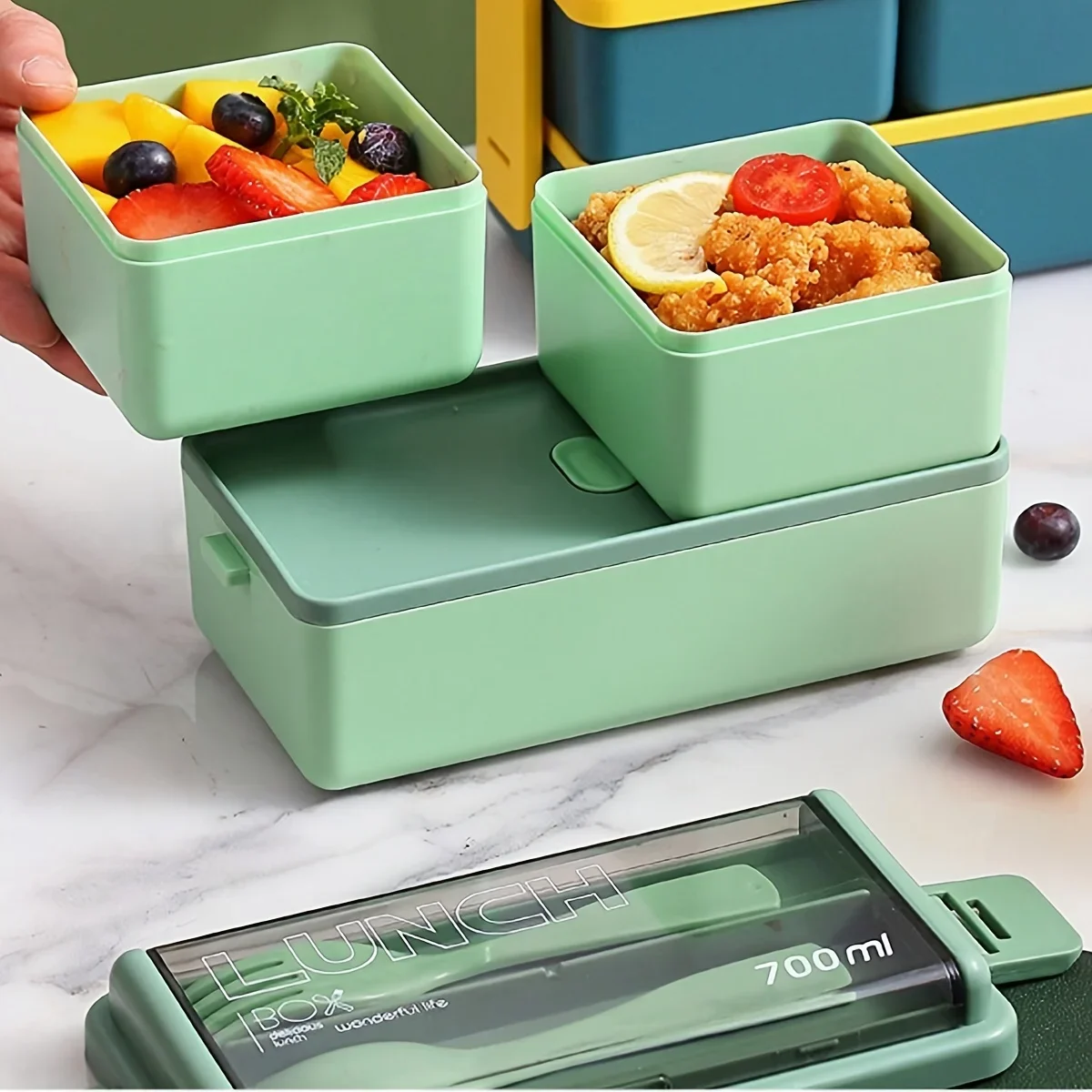Rosenstein & Söhne lunchbox con 2 scomparti: Set di 4 lunchbox a 2 piani, con coperchio a clip, senza BPA, 700 ml (barattolo con scomparti