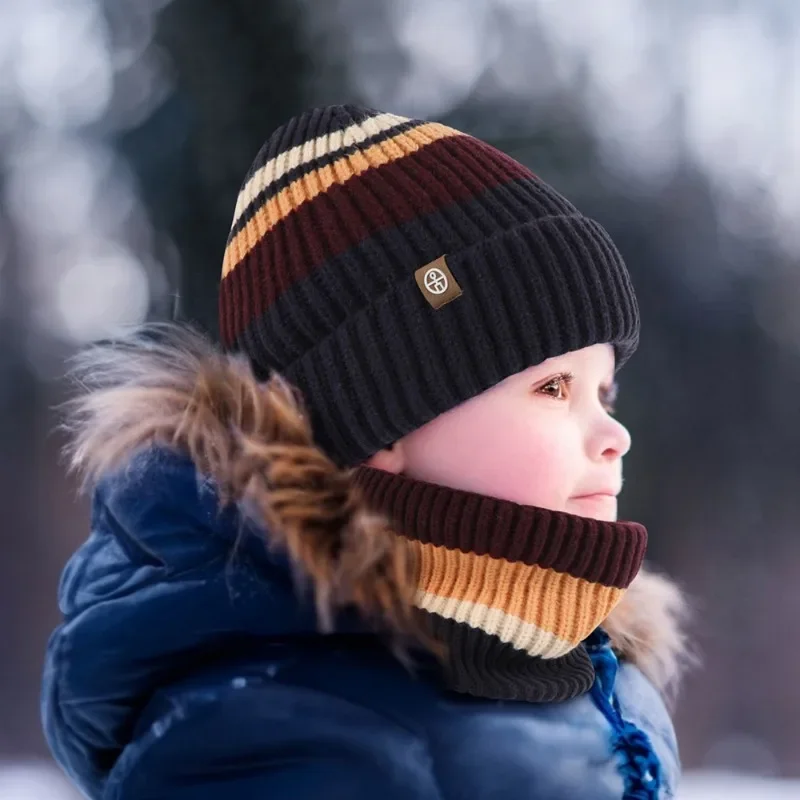 Luxurious Winter Hat Scarf Gloves Set for Kids 2-10 Years Old Boys and Girls Thermal Wool Ear Protection Knit Beanie Snood Scarf