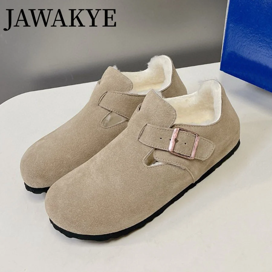 

2023 Luxury Suede Real Fur inside Slippers Round toe Half Slippers Buckle Woman's Flat Mules non-slip Causal Slippers for Home