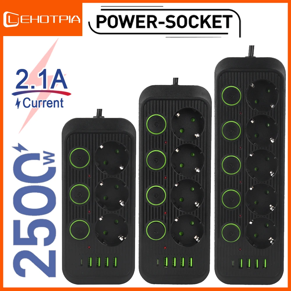 European Standard Power Strip with USB Ports and Network Filter, Individual Switch, EU Plug