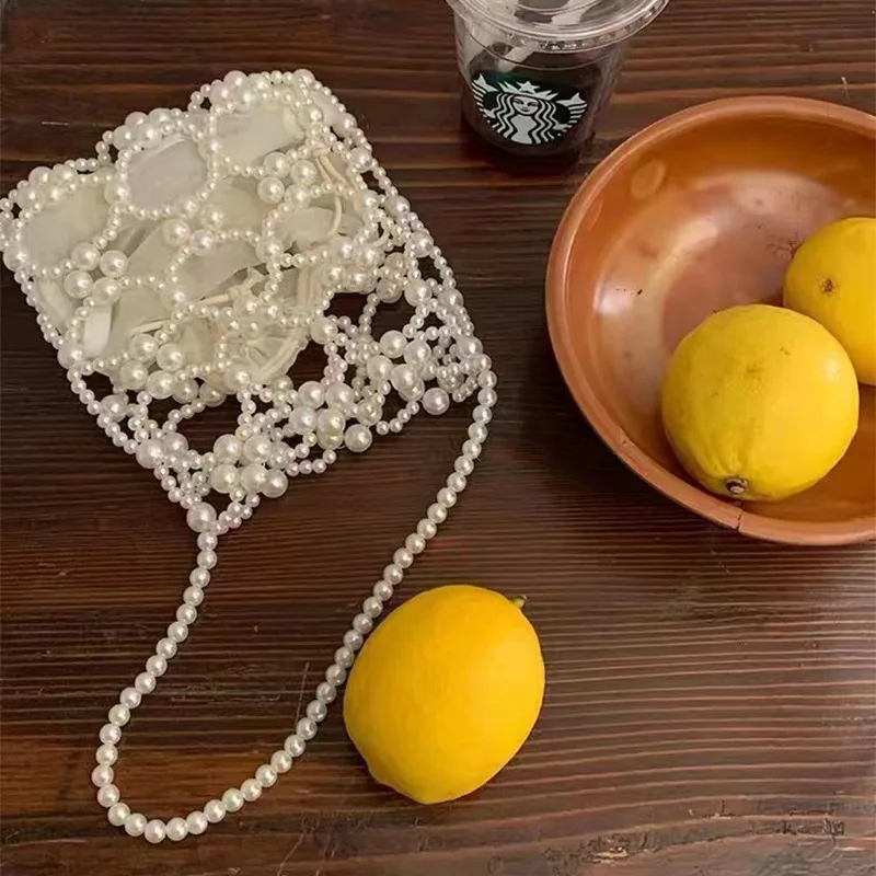 Hollow Pearl Handbag, Mesh Hand-Beaded Tote Bag, Cell Phone Purse womens bag  purses and handbags