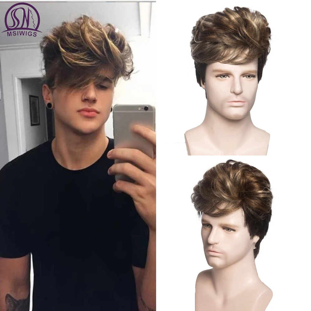 

MSIWIGS Men Short Straight Wig Ombre Blonde Brown Synthetic Wig White for Male Hair Fleeciness Realistic Natural Headgear