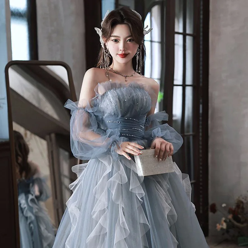 

Summer Blue Evening Dress Women Elegant Student Performance Banquet Party ball Gowns Pearls Beading A-Line Quinceanera Dresses