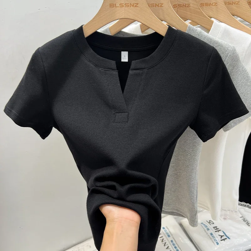 Y2k المرأة تيز شريط القمم سليم صالح الخامس الرقبة موضة قصيرة الأكمام تي شيرتات قطن لصيف 2025 موضة الشارع الشهير 3