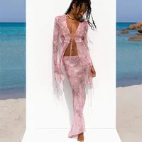 Hirigin-Ensemble 2 pièces chic pour femmes, jupe longue, sexy, motif floral, haut court, taille basse, batterie avec volants, maxi, vêtements de plage, été 1