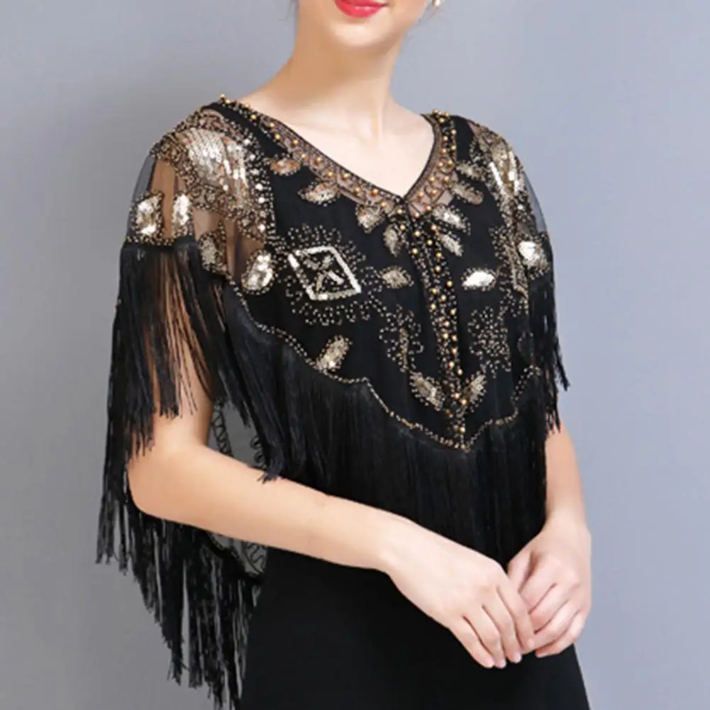 

Sequined 1920s Shawl 1920s Women's Sequined Shawl with Tassels Beaded Faux Pearl Fringe Sheer Mesh Wrap Cape Cover for Vintage