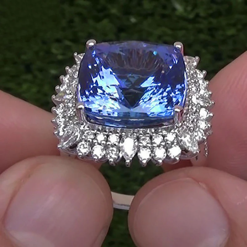

Blue Stone Ring Flower White Stone Ring Silver Pattern Heart Of Purple Ocean Tanzanite For Wemmen Wedding/Party,size5-6789-10