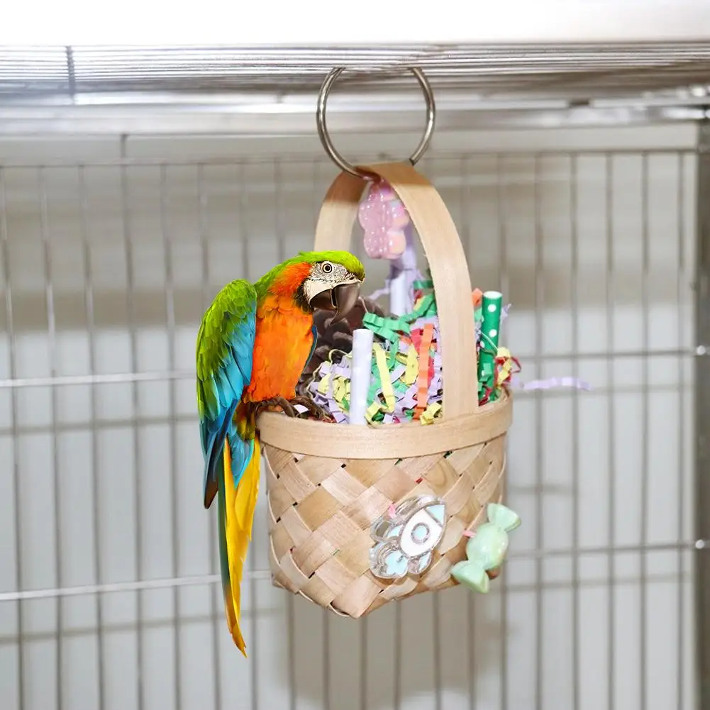 1pcs Parrot Colorful Foraging Basket Hanging Chewing Toys Bird Cage Accessories For Parakeet Conure Lovebird Cockatiel Birds