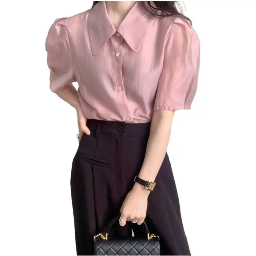 

Блузка женская из вискозы с отложным воротником, однотонная дышащая удобная офисная рубашка с рукавами-фонариками, в простом стиле, лето
