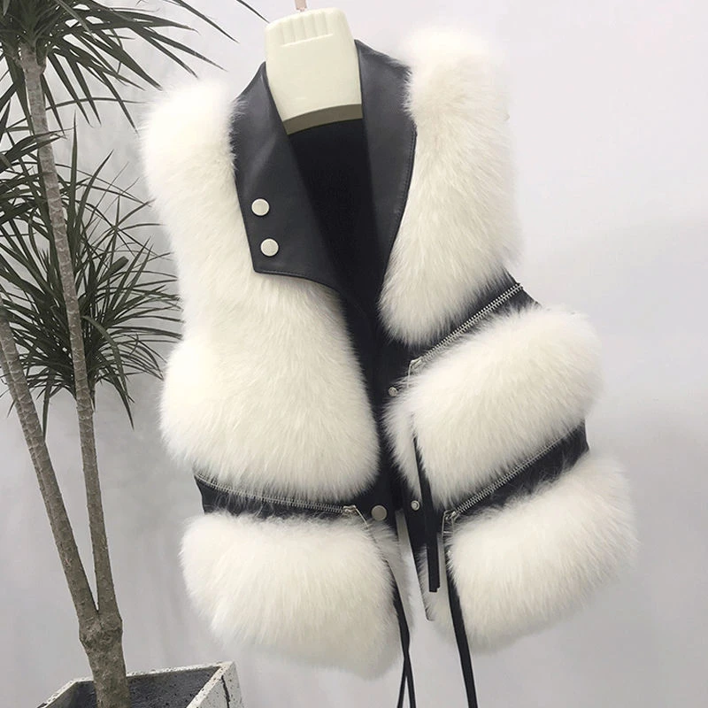 

2023 New Women Winter Faux Fur Vest Coat Split Joint Imitation Fox Shortie Overcoat Lazy Breeze Jacket Minimal Outwear