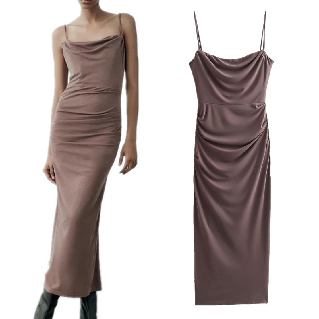 

Elmsk British Fashion Pleated Slim Fit Strap Dress Champagne Elegant Midi Dress Women