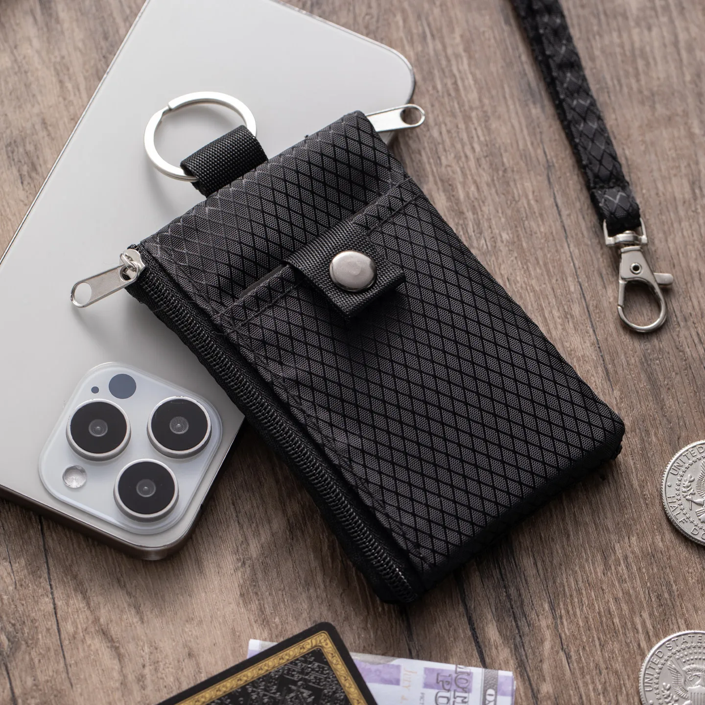 Compact RFID Blocking Wallet with ID Window and Keychain Lanyard