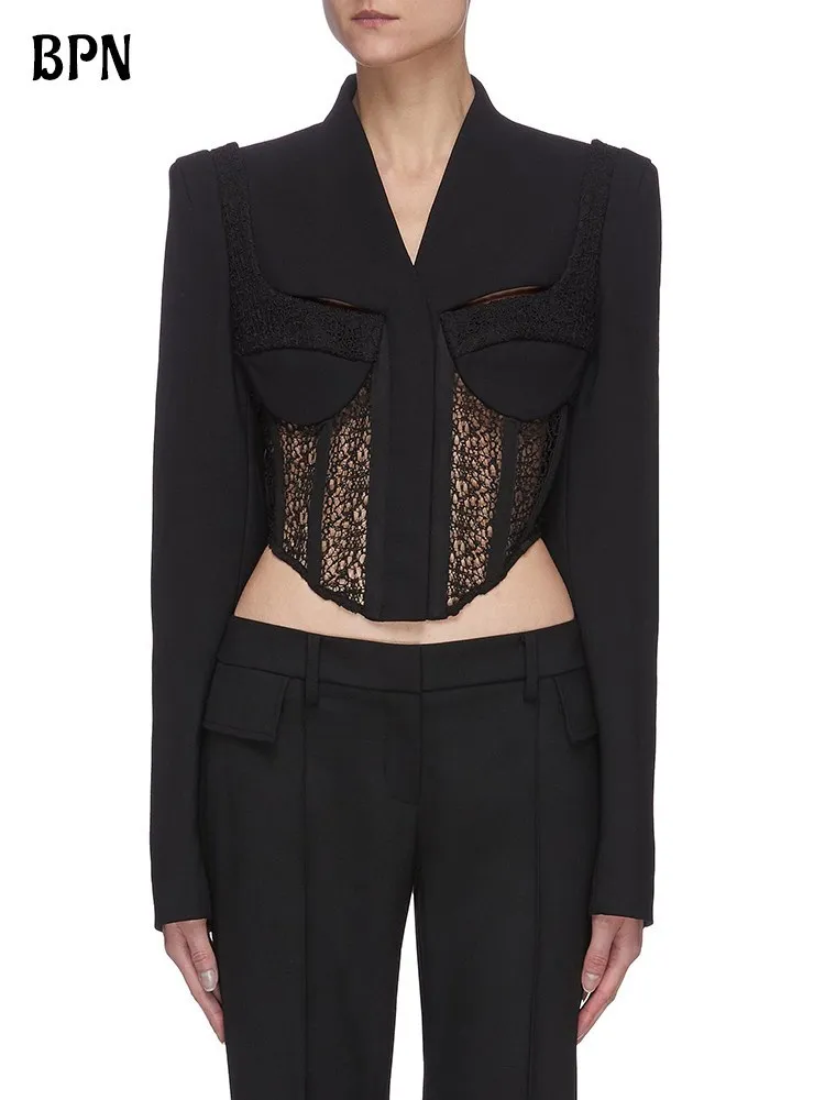 

BPN Hollow Out Sexy Blazers For Women V Neck Long Sleeve Solid Spliced Lace Casual Slimming Short Blazer Female Fashion Clothing