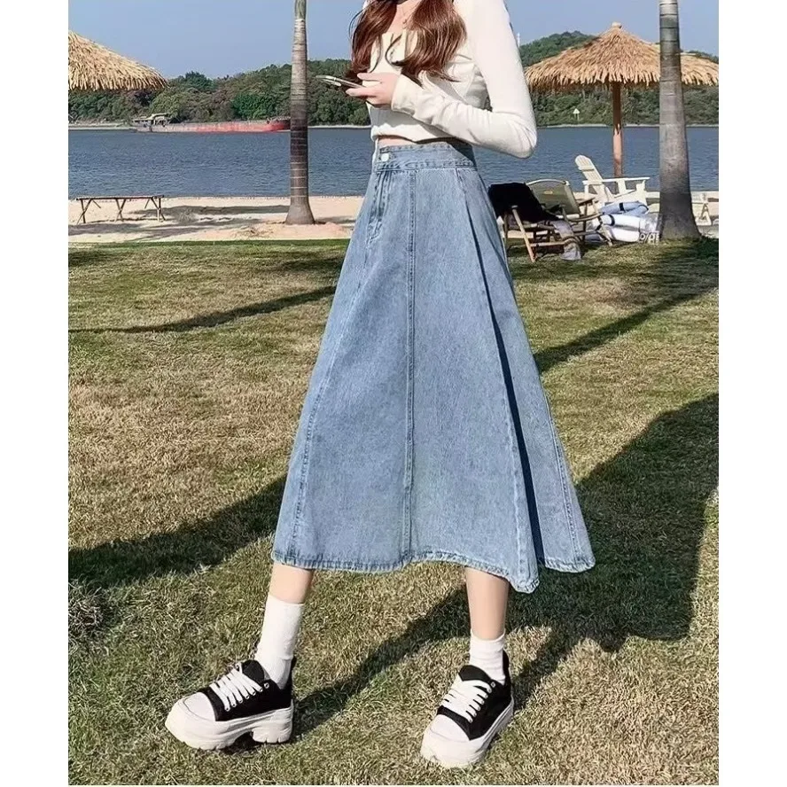 Women's Korean Fashion Denim Midi Skirt High Waist A-Line Elastic Waist Vintage Washed Denim Fabric Casual Long Denim Skirt 2