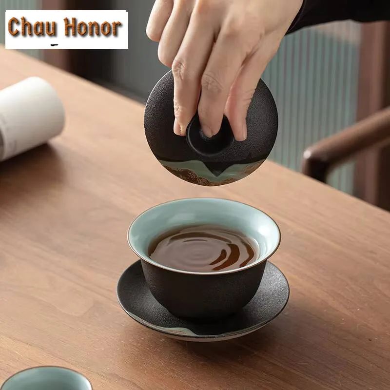 180ml Hand Painted Distant Hills Coarse Pottery Gaiwan Tea Tureen Tea Bowl With Lid Kit Tea Maker Cover Bowl Teaset Ornaments