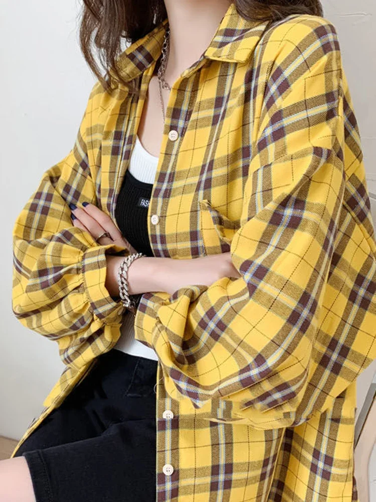 

Trendy Plaid Women Shirt New Fashion Korean Oversize Tops Y2k Harajuku Daily All Match Long Sleeve Female Inner Yellow Shirts