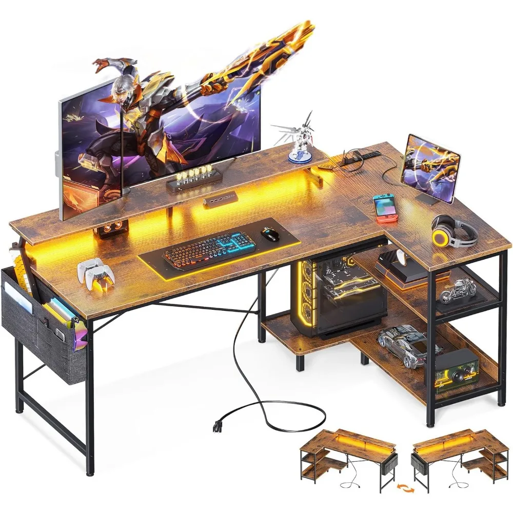 58 Inch Gaming Desk with USB Charging Ports and LED Lights, Reversible L Shaped Computer Desk with Storage Shelves & Monitor St