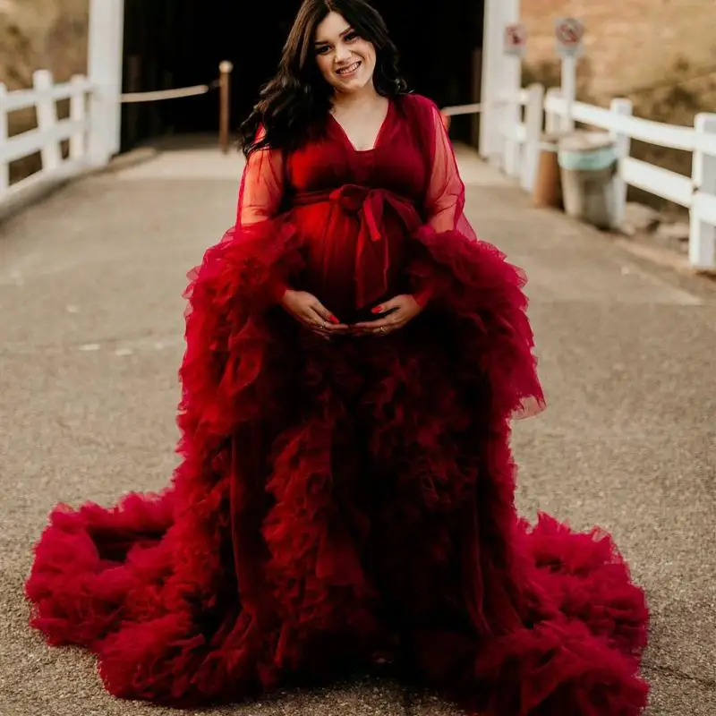 Tiered Ruffles Burgundy Maternity Dresses Robe  Photoshoot Babyshower 2022 Bathrobe Maternity Dress Sexy Party Birthday Gowns ball gown prom dresses