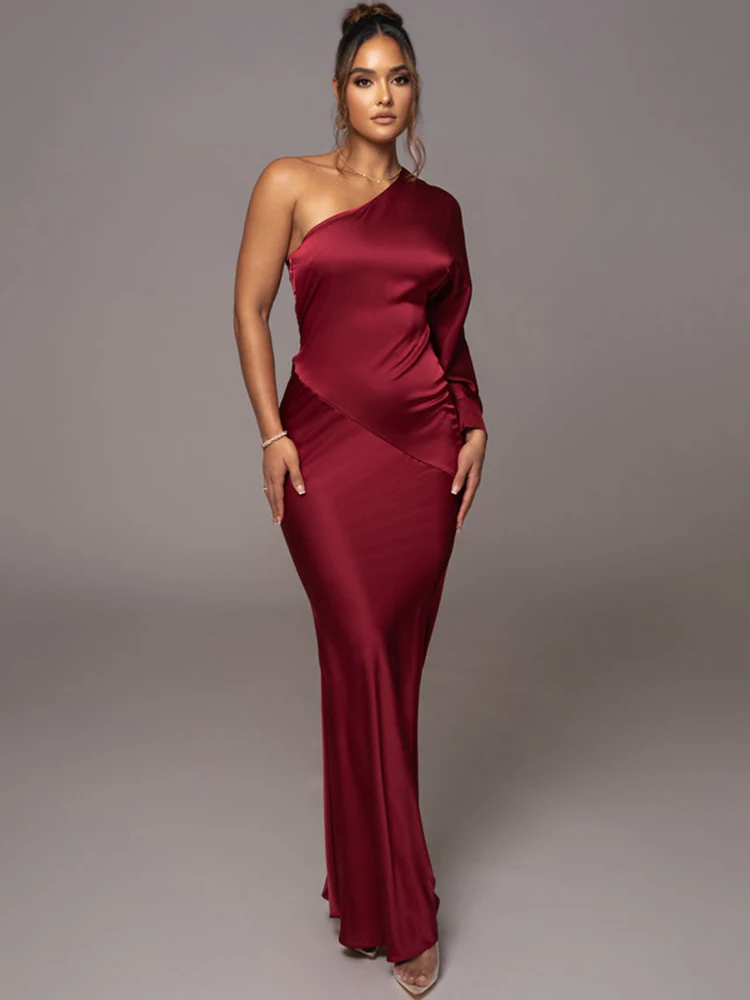 -Elegant Long Sleeved Party Evening Dress for Women, Flared Sleeves, Single Shoulder Bodycon, Maxi Dress, Backless Gown