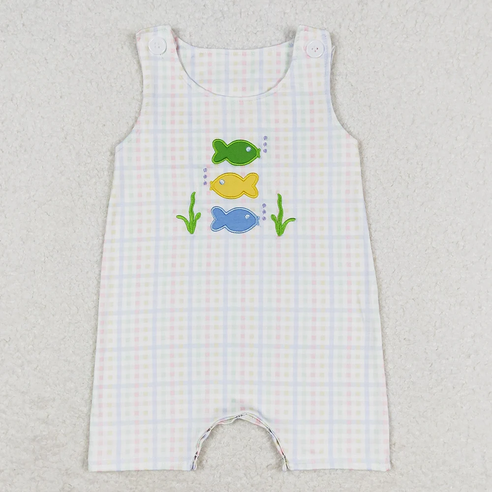 Boutique Infant Baby Boys Rompers Green Checkered Fish Print Cute Rompers New Fashion Toddler Boys Clothes Jumpsuits Wholesale 2