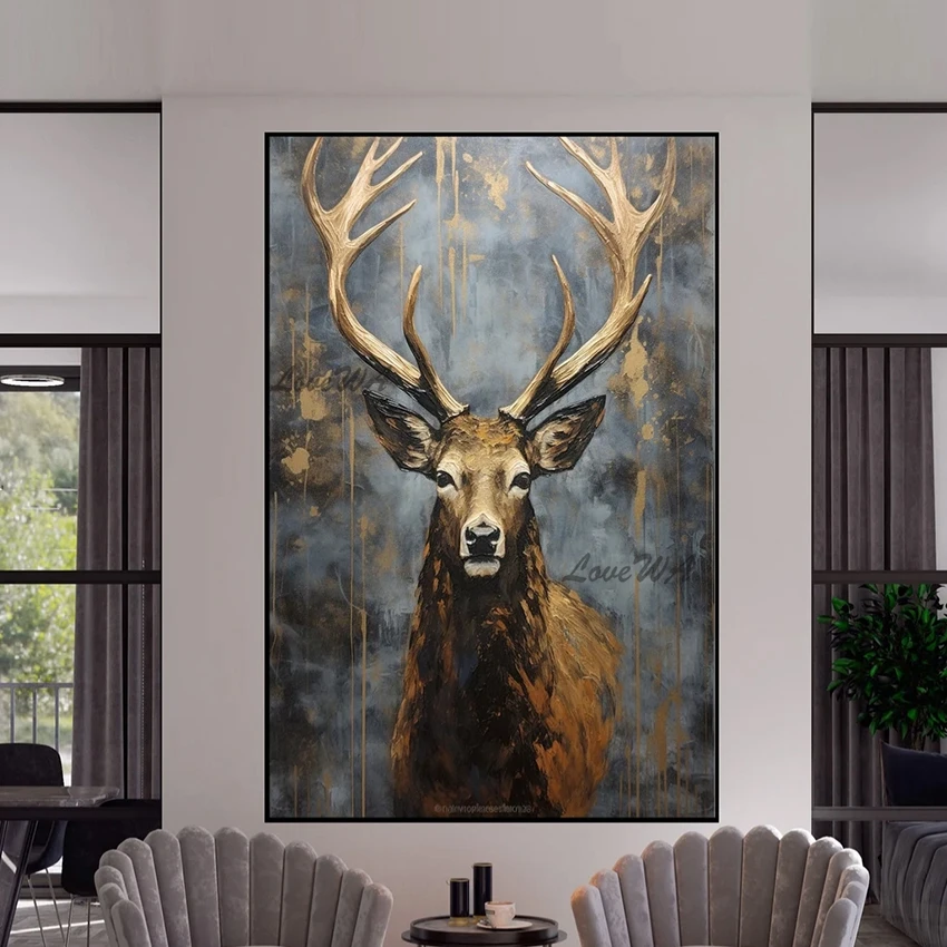 

3D Deer Picture Large Size Modern Aesthetic Wall Decoration Gifts Frameless Animal Abstract Art Handmade Paintings On Canvas