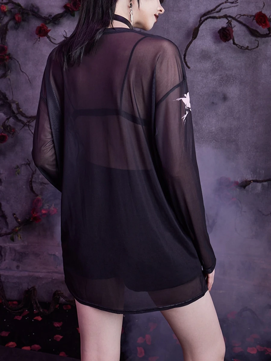 

Women s Halloween Long Mesh Tops Long Sleeve Crewneck Skull Print Gothic T-shirt