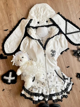 Giapponese Dolce JK Kawaii 2 Pezzi Set Ragazza Cerniera Con Cappuccio Magliette e camicette + Gonna Torta Corta Nuova Moda Patchwork di Pizzo Vestito Carino Estate 2025 1