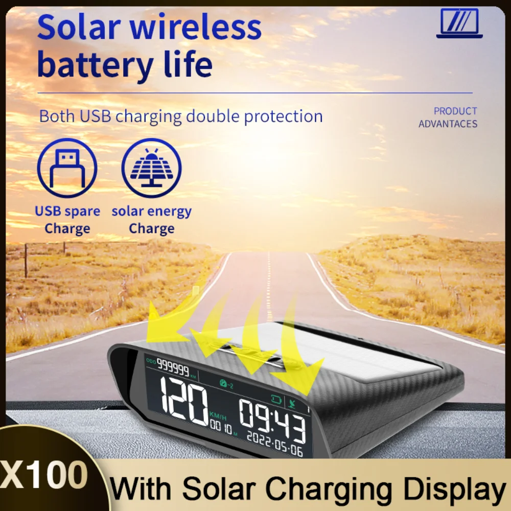 

X100 Solar Car HUD GPS Speedometer Head Up Display Wireless Digital Speedometer Overspeed Alarm Altitude Mileage Speed Display