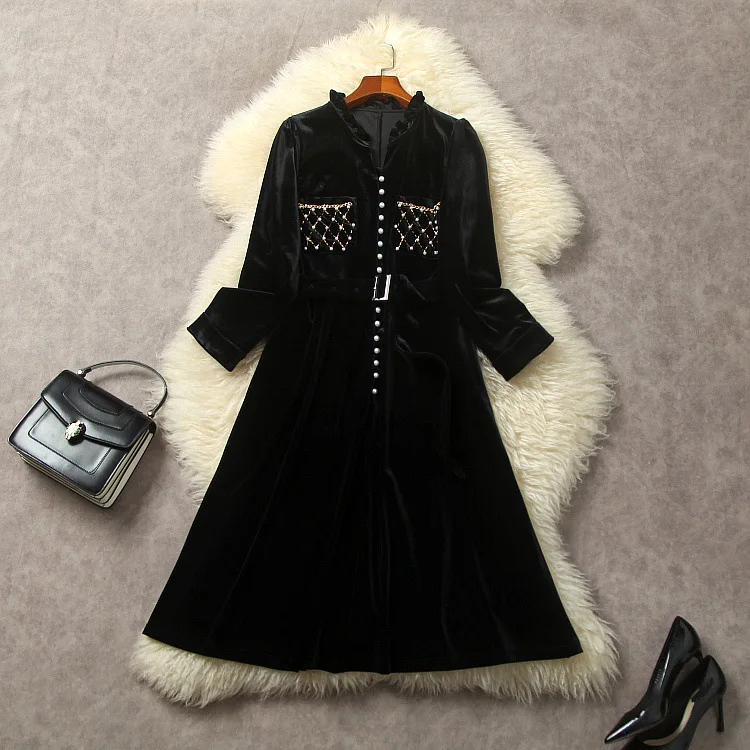 

European and American women's clothing 2023 autumn new Long sleeve stand collar studded pocket Fashionable velvet dress