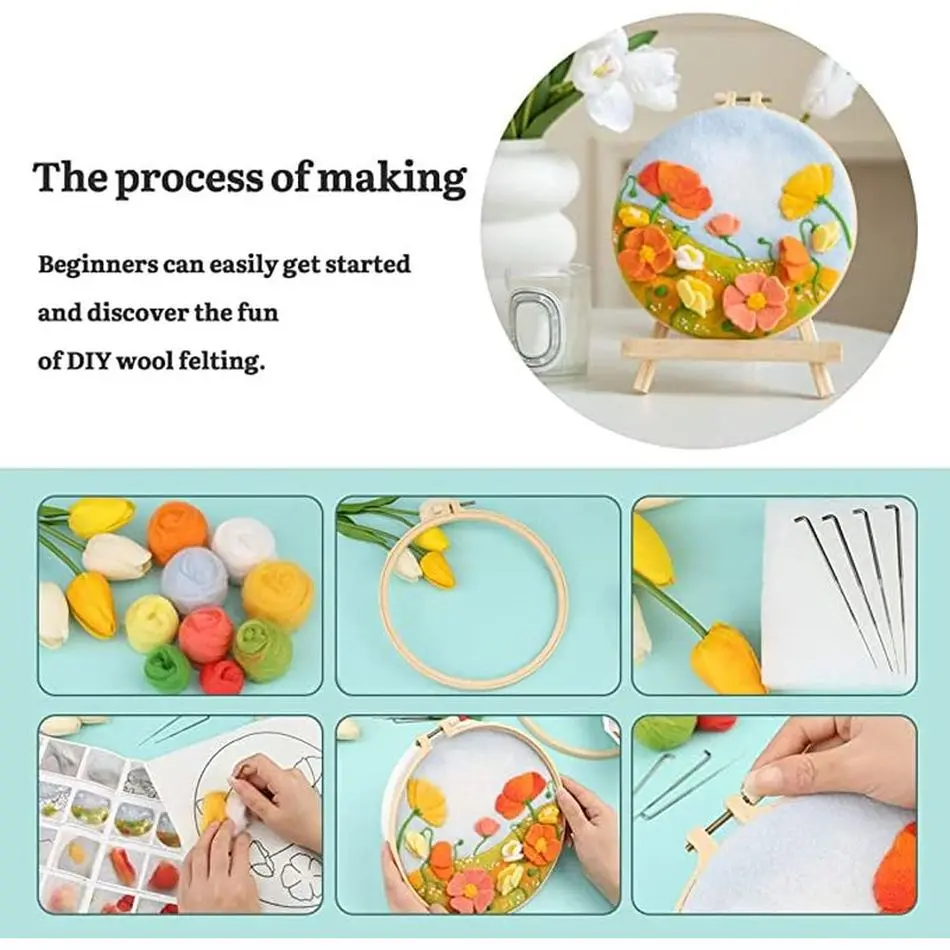 CHENISTORY Creative DIY Flower Felt Painting Picture Handmade Wool Needle Felting Kits For Beginner Handmade Decor Home 20x20cm needle felting painting kit