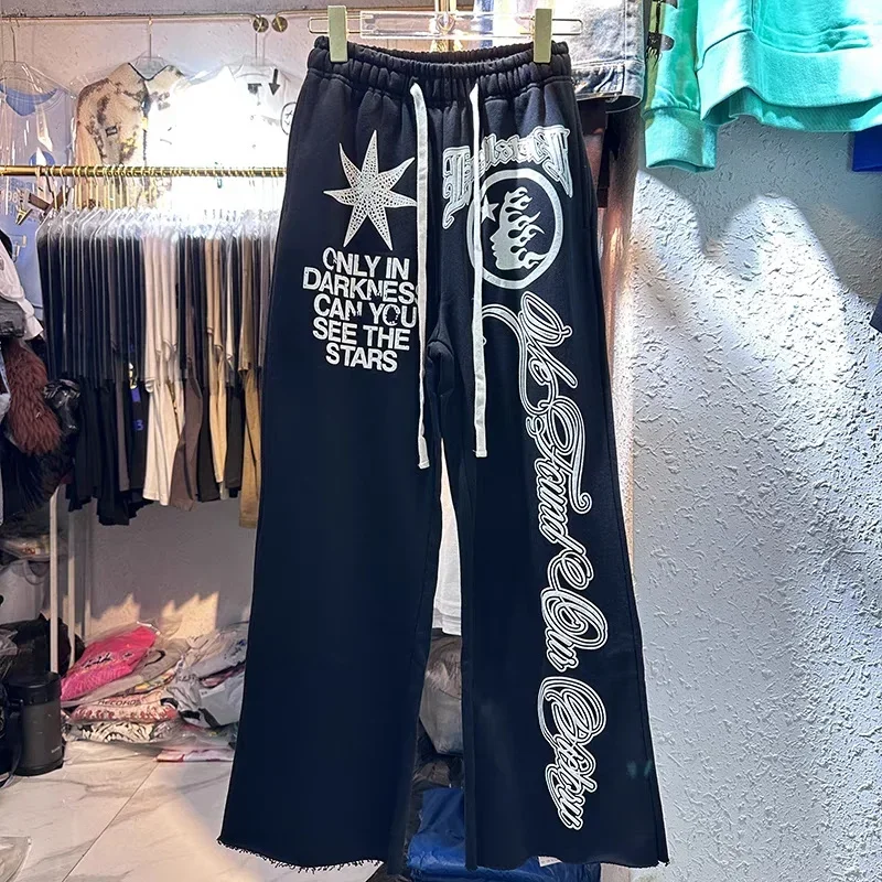 

Y2K Hellstar Raw Edge Letter Graffiti Print 1:1 High Street Drawstring Sports Casual Pure Cotton Flare Pants
