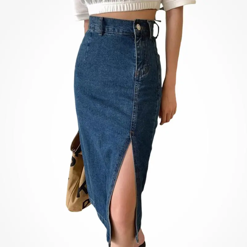 

Casual Slit Denim Mid Skirts for Women Spring Autumn Vintage Dark Blue Wrap-around Skirt Slim Plus Size Female Clothing Y2k