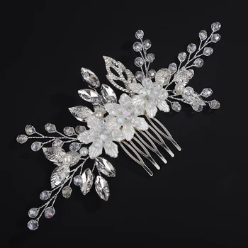 Trendy Wedding Flower Hair Comb Silver Rhinestone Pearl Bridal Headpiece Crystal Bride Bridesmaid Leaf Hair Accessories Jewelry