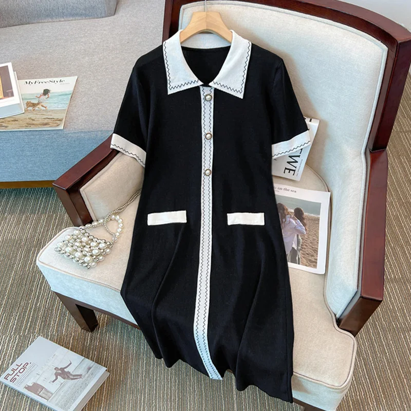 

Women Spring Summer Mini Knit Dresses Lapel Short Sleeve Casual Female Plus Size 4XL Elegant Black Slim A Line Party Vestidos