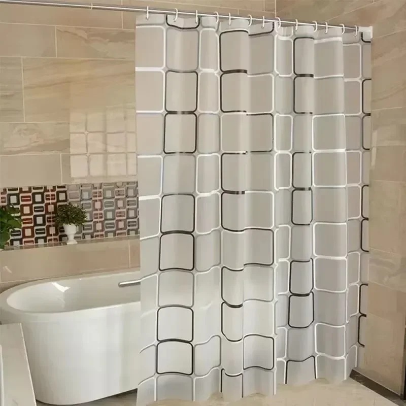 PEVA Bathroom Shower Curtain Geometric Grid Pattern Partition Curtain Thickened Waterproof Dry Wet Separation Shower Curtain