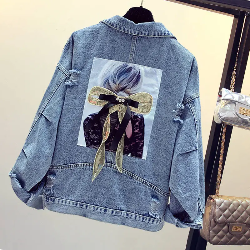 Golf Women Denim Short Jacket Embroidery Tops Cardigan Prints  Coat Bow Tie Floral Casual Outerwear Chic Clothing Loose Blue