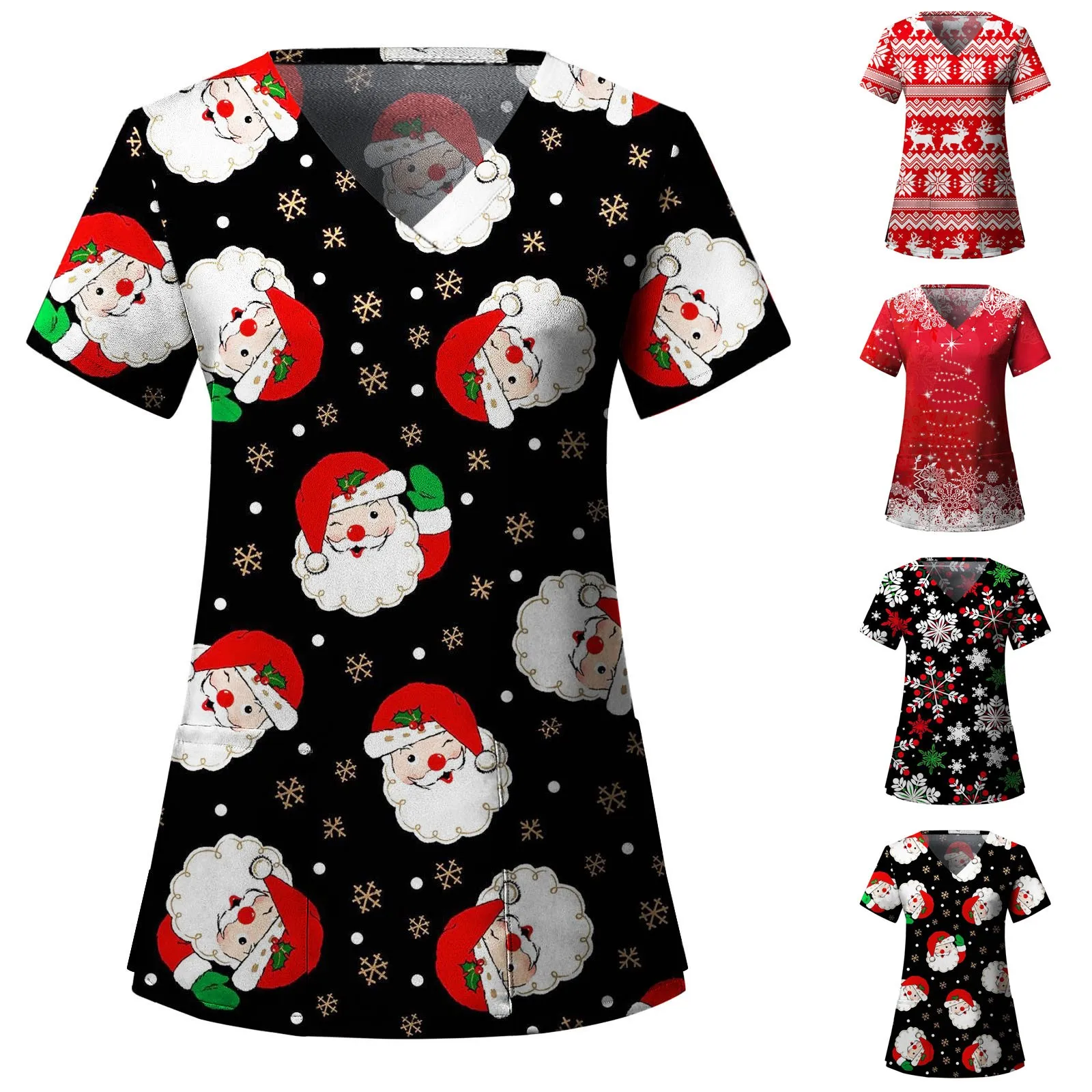 

Christmas Medical Tops Womens Short Sleeve V Neck Santa Printed Top Nursed Working T Shirts Blouse With Pockets Holiday T Shirt