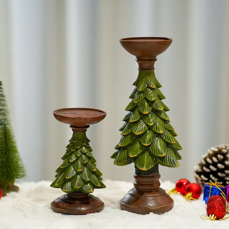 Green Christmas Decorative Ornament Snow Pine Christmas Tree Candle Holder Tabletop Living Room Decoration Christmas Gift
